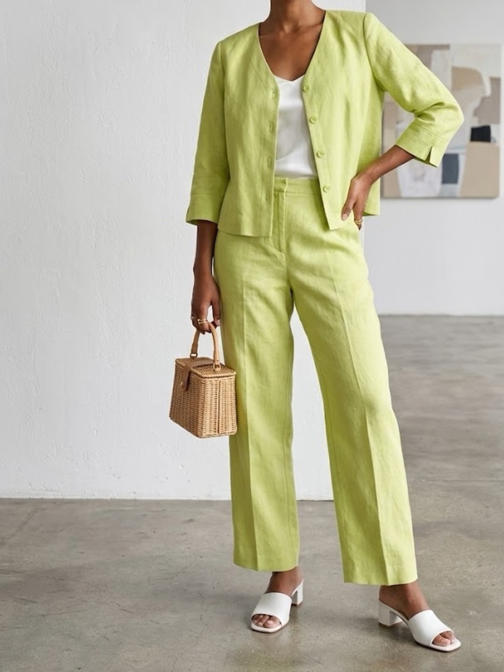 Vintage Linen Blend Cropped Jacket & Pants Set - Lime Green